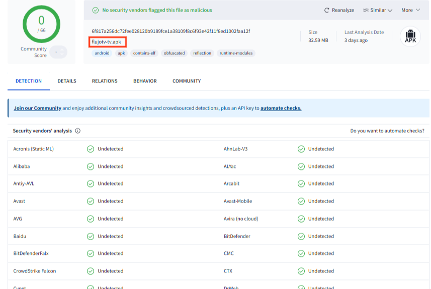 Captura de pantalla de la prueba del APK de Flujo TV en VirusTotal